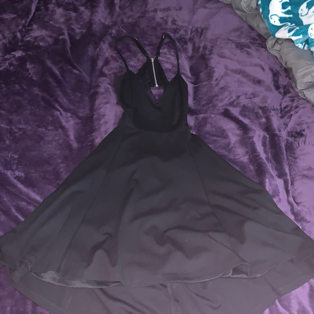 Black mini dress with open lace back